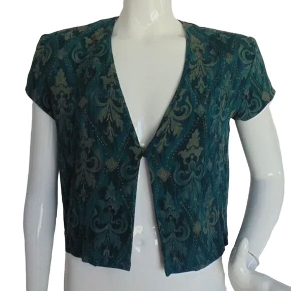 Karin Stevens Dress Set, 8, 2 pc, Cropped Jacket, Green/Tan Baroque print - Picture 3 of 15